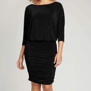 Te Amo Black Ruched Sparkle Dress S Dolman Sleeve Cocktail‎ Party Bodycon Y2K